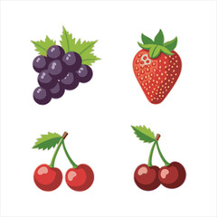 Fresh Red and Purple Fruits Vector Illustration,Colorful Fruit Set with Strawberry Grapes Cherry,Flat Style Berry and Fruit Collection,Assorted Berries and Fruits Vector Design,Cartoon Red Fruits 