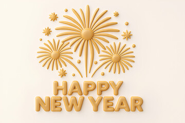 Happy New Year Fireworks Design – Festive Gold Text and Starburst Celebration on Dark Background