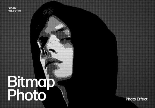 Bitmap Photo Effect Template, Retro Halftone Pixelated Black and White Overlay