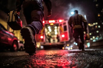 Paramedics rushing toward ambulance with medical kits during night emergency in city street.