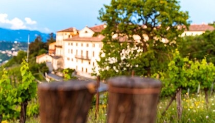 Blurred vineyard view of Italian buildings