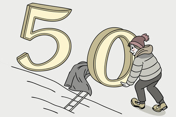 Person Pushing Large Number 50 Through Snow With Ladder fifty year