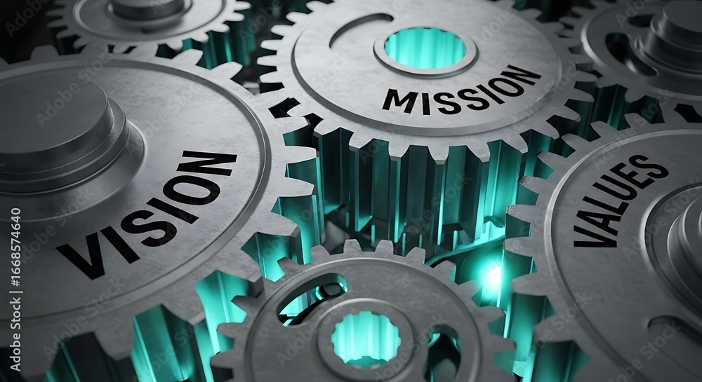Poster interlocking gears representing vision mission and values of a company driving success