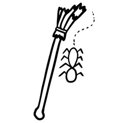 Hand drawn Halloween outline of witch broom and spider for decoration, Halloween costume, cartoon character, comic, mascot, sticker, patch, brooch, print, standee, trick or treat, kid colouring book