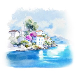 watercolor painting of Greek sea landscape illustration 