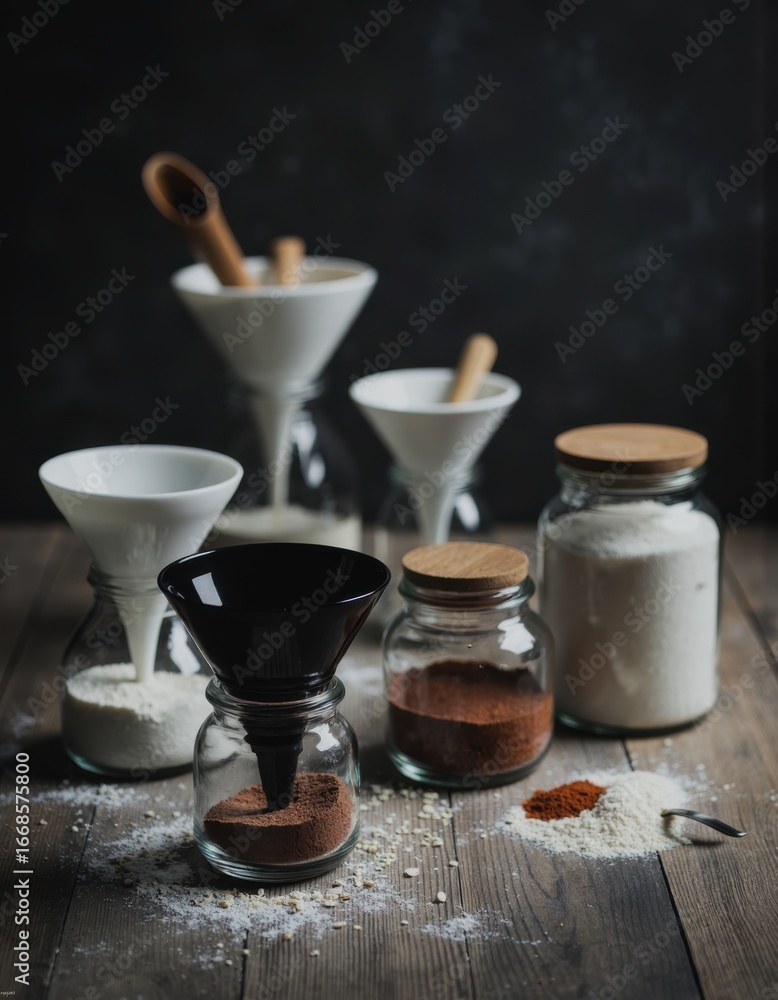 Poster pantry decanting assistant with funnel set and jars for organization