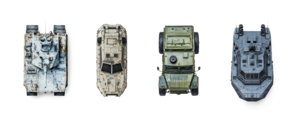 Collection of Destroyer military vehicle top view isolate on transparent background