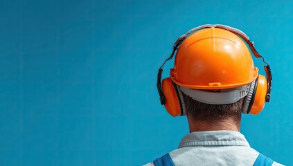 Rear view of a construction worker wearing a hard hat and earmuffs against a blue wall