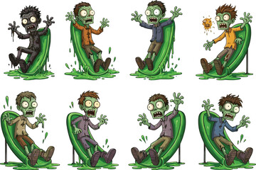 Cartoon Zombie Characters Sliding on Green Slime, Scary Undead Halloween Vector Illustrations with Funny Expressions and Poses