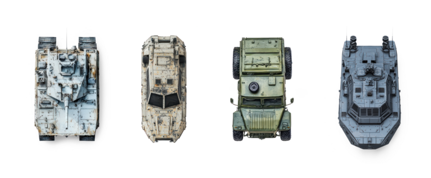 Collection of Destroyer military vehicle top view isolate on transparent background