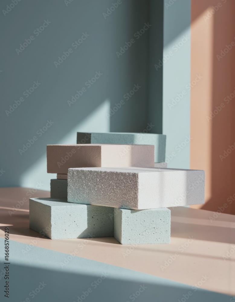 Poster stacked foam blocks with trimmed edges in soft pastel colors