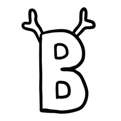 Hand drawn Christmas alphabet outline of letter B with reindeer's antlers for festive font, typography, winter season, campaign badge, initial, name, patch, calligraphy, sticker, cartoon text, message