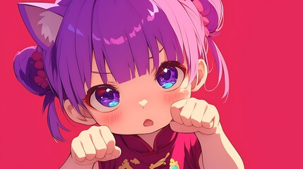 Chinese anime little girl with cat ears, meowing cat hand pose on red background