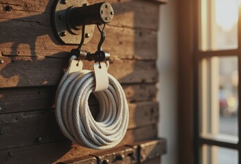 Coiled fender lines hanging on a hook with a blank tag turned inward
