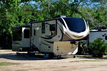 Fifth wheel camper at camp site