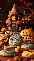 Spooky and sweet halloween treats including decorated cookies and a haunted house cake for a festive celebration