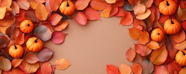 Autumn background with pumpkins and colorful leaves creating a frame for seasonal designs and fall celebrations