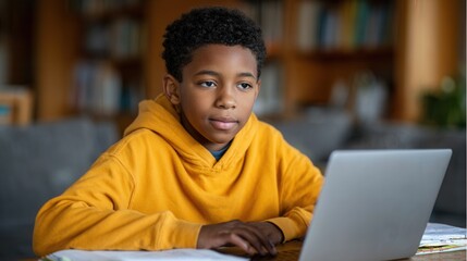 A young boy focused on his studies while using a laptop at home. The setting is cozy and inviting, perfect for learning.