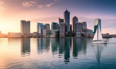 Fototapeta premium City skyline at sunrise, reflected in calm water, with sailboat