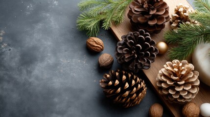 Decorative pine cones and nuts arranged on a wooden board with evergreen sprigs during a festive season setting