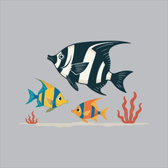 Tropical Angelfish Vector Illustration,Hand Drawn Exotic Fish with Coral,Colorful Marine Fish and Coral Drawing,Tropical Aquarium Fish Vector Art,Decorative Angelfish with Ocean Elements