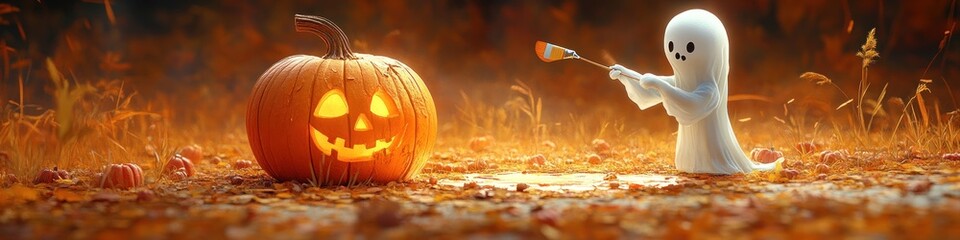 Cute ghost prepares to paint a jack o lantern on a field of fallen leaves during the halloween season