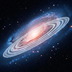 Spiral galaxy, with multiple light rings, situated amidst a background of stars and nebulae, creating a stunning cosmic image.