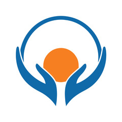 Blue hands holding an orange sun within a blue circle, symbolizing care and hope