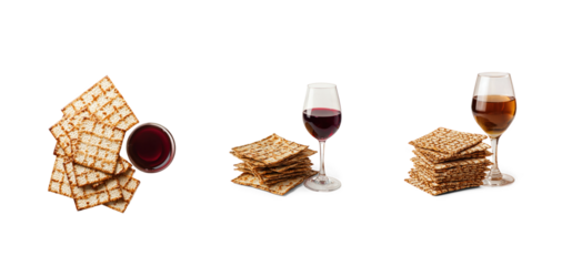Collection of Matzos and wine top view isolate on transparent background