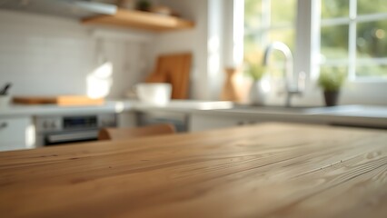 A close-up of a wooden table with soft bokeh and minimalist kitchen aesthetics.