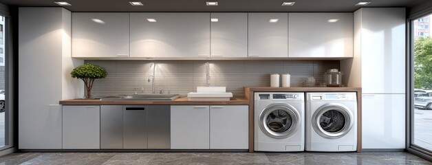 Modern laundry and kitchen area in a stylish apartment showcasing functional design and clean lines with natural light