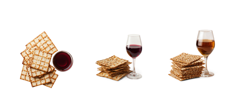 Collection of Matzos and wine top view isolate on transparent background