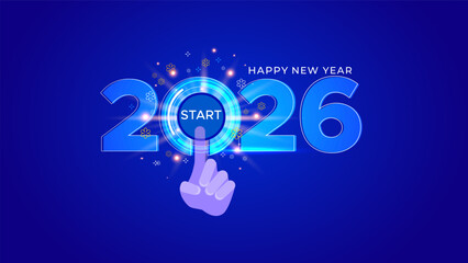 Happy new year 2026. Technology enable and fresh start concept. 2026 Number with button and hand finger on blue background.