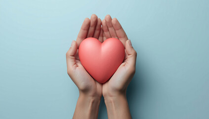 Fototapeta premium Hands holding red heart symbol on blue pastel background love care compassion charity donation kindness health wellness medical insurance hope support concept