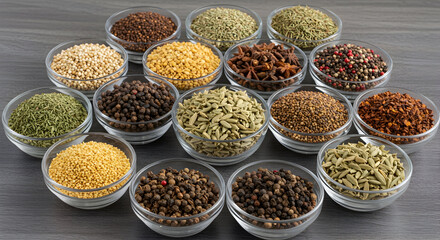 Colorful Assortment Of Fresh Spices And Herbs Displayed In Clear Bowls On A Grey Table Top, Perfect For Culinary Arts And Flavorful Cooking