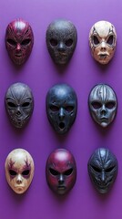 Collection of nine unique and artistic masks displayed on a vibrant purple wall creating a striking visual array