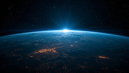 Planet Earth from Space with Sunrise on Horizon, Stunning View of City Lights and Atmosphere, Outer Space Exploration, Astronomy, Universe, Global Technology and Future Science Background