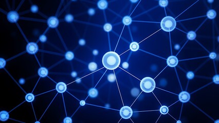 Abstract blue and white interconnected spheres with glowing nodes, symbolizing a digital network on a dark background.