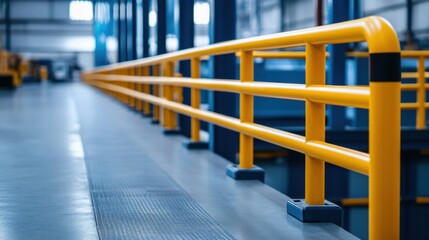 Industrial Warehouse Interior with Yellow Safety Rail and Modern Equipment