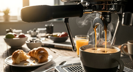 Enjoying a Freshly Brewed Espresso Coffee from a High-Quality Machine in a Cozy Kitchen Setting with Delicious Pastry and Fresh Fruits Around