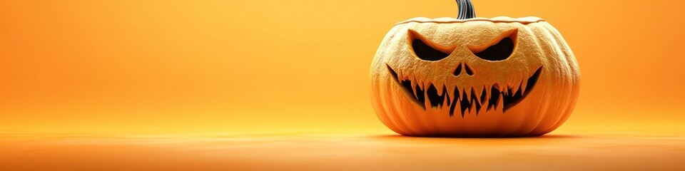 Spooky halloween pumpkin with carved face glowing on an orange background creating a festive autumn atmosphere