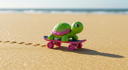 Turtle toy gliding on a pink skateboard along a sandy beach escape adventure