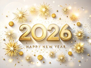 Happy new year 2026 celebration with golden numbers and fireworks, isolated on white background