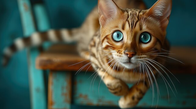 Playful Bengal Cat Close-Up on Teal Distressed Chair