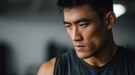 Obraz premium A close-up of a concentrated male athlete in a gym, showcasing determination and focus. Ideal for fitness and motivation themes.