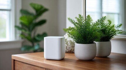 Fototapeta premium A stylish interior featuring a white device next to potted plants on a wooden surface, creating a fresh and modern atmosphere.