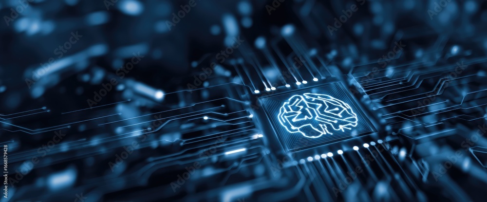 Aufkleber close up futuristic ai processor with glowing brain circuit integrated on digital motherboard, ideal