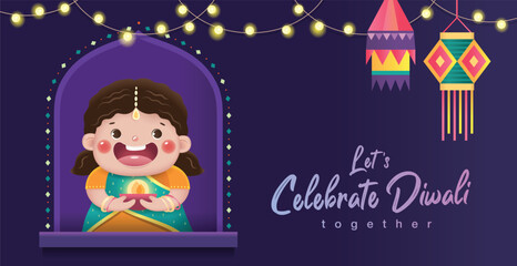 Happy Diwali poster with a cute little Indian girl celebrating Diwali festival.
