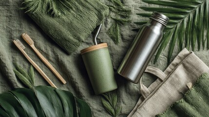 Flat lay showcases green lifestyle essentials featu sustainable items such as bamboo toothbrushes and a reusable water bottle, promoting eco-conscious choices always.