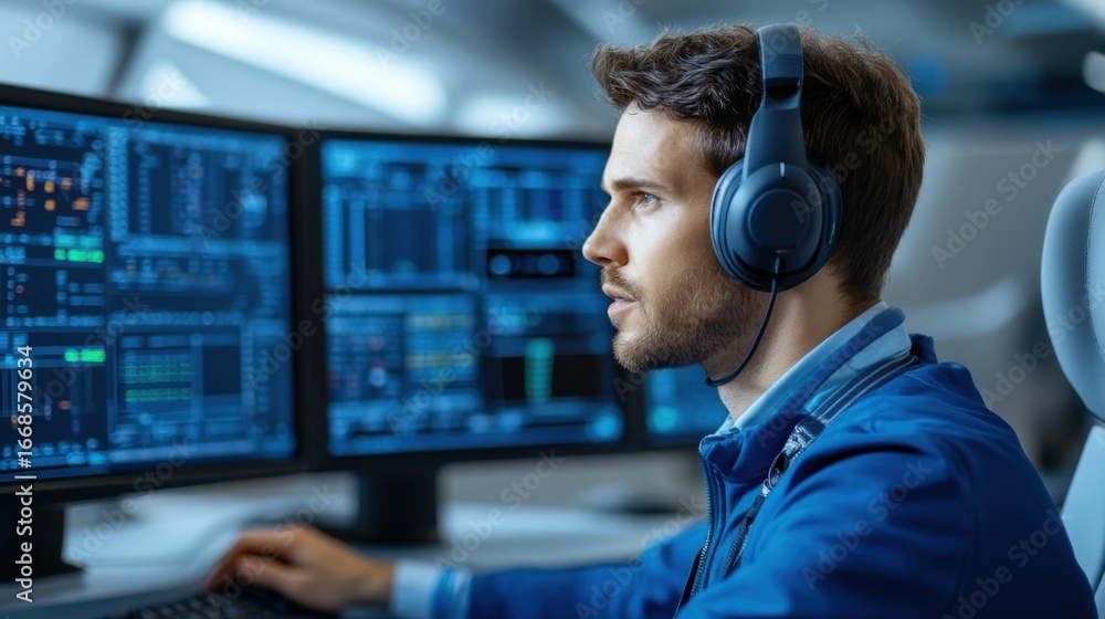 Poster focused male analyst working with multiple computer monitors in office